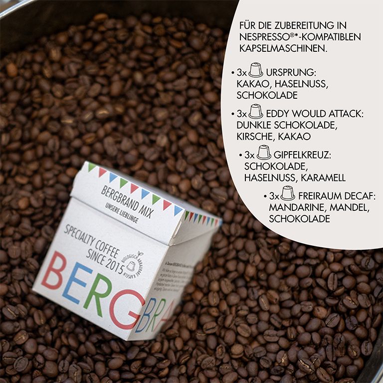 Kaffeebohnen mit Kapsel-Verpackung. Text: Für die Zubereitung in Nespresso-kompatiblen Kapselmaschinen.