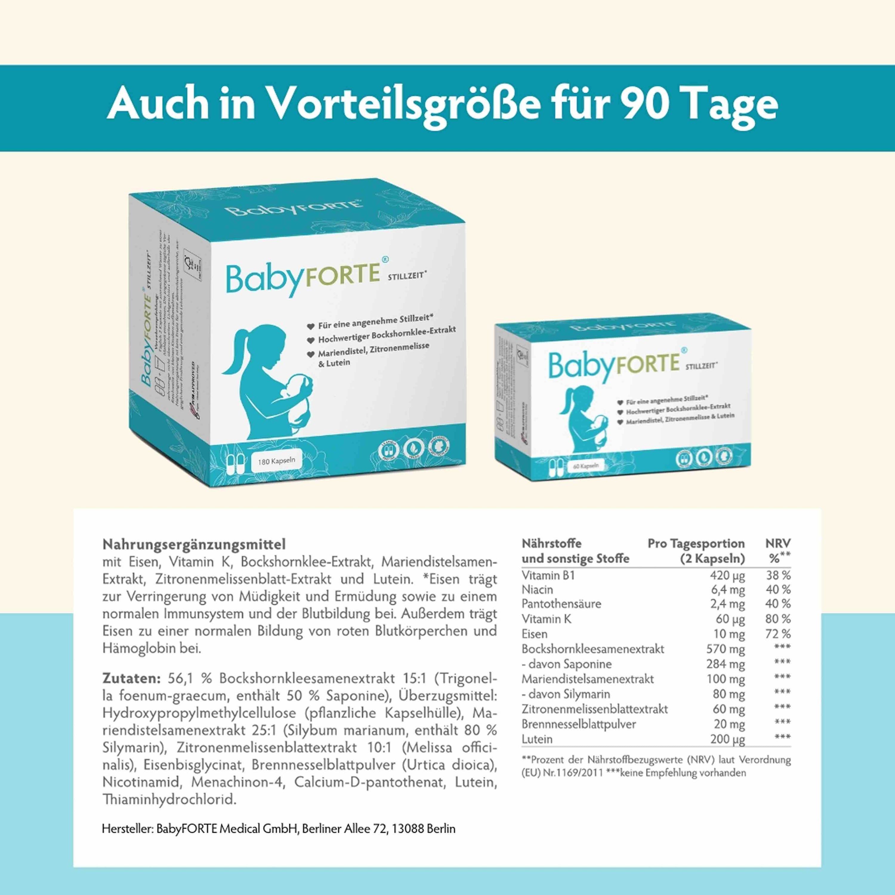 BabyFORTE Stillzeit Vitamine: Premium Pflanzenextrakt, 100% vegan, PETA zertifiziert. Mutter stillt Baby.