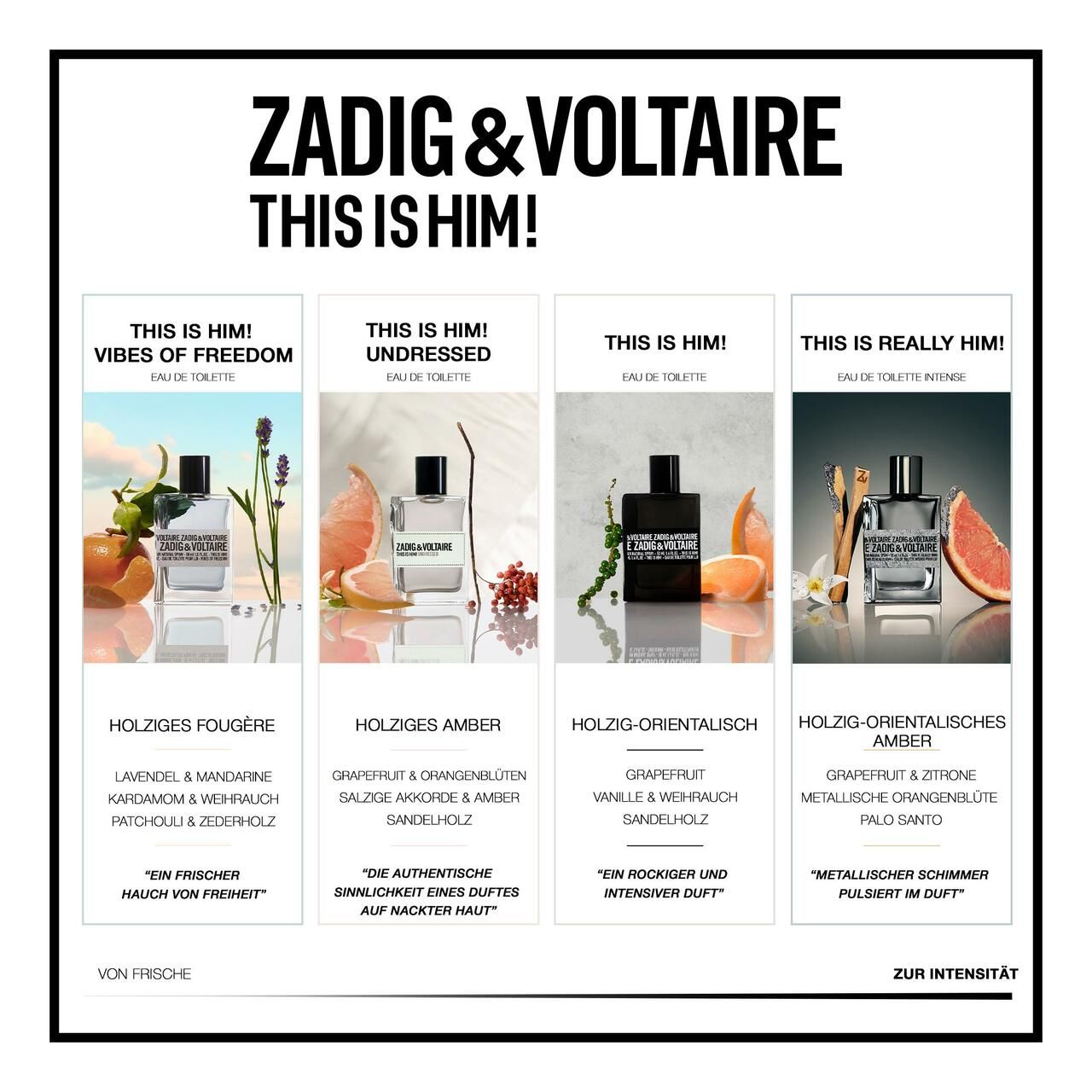 Werbetafel mit vier verschiedenen Düften. Aufschrift: ZADIG & VOLTAIRE THIS IS HIM! und Produktnamen.
