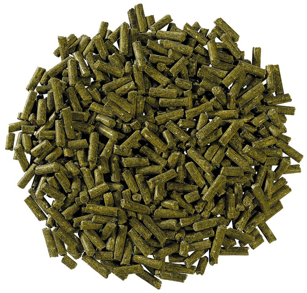 Haufen Luzernfit-Pellets. Grün. Zylindrische Form. Für leichtes Kauen. Auf weißem Hintergrund.