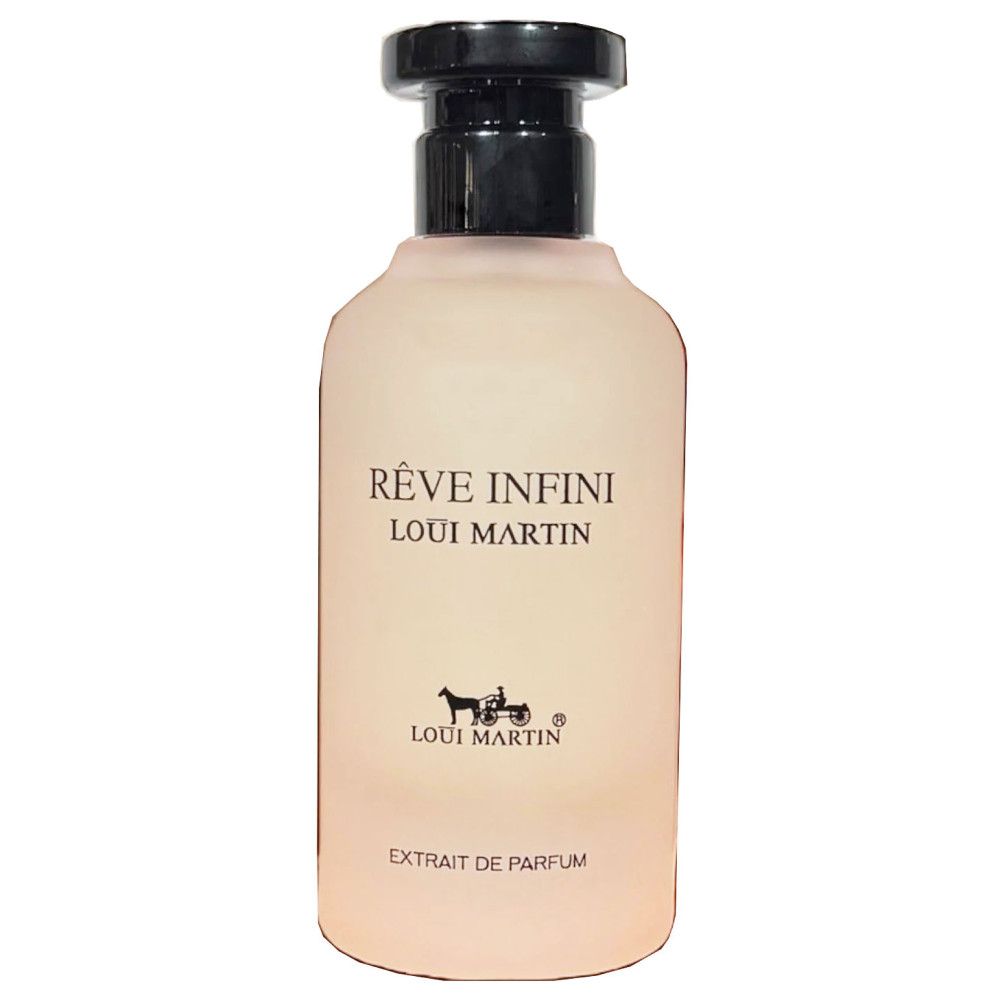 Parfümflakon mit schwarzem Verschluss. Aufschrift: Rêve Infini, Loui Martin, Extrait de Parfum. Logo: Kutsche mit Pferd.