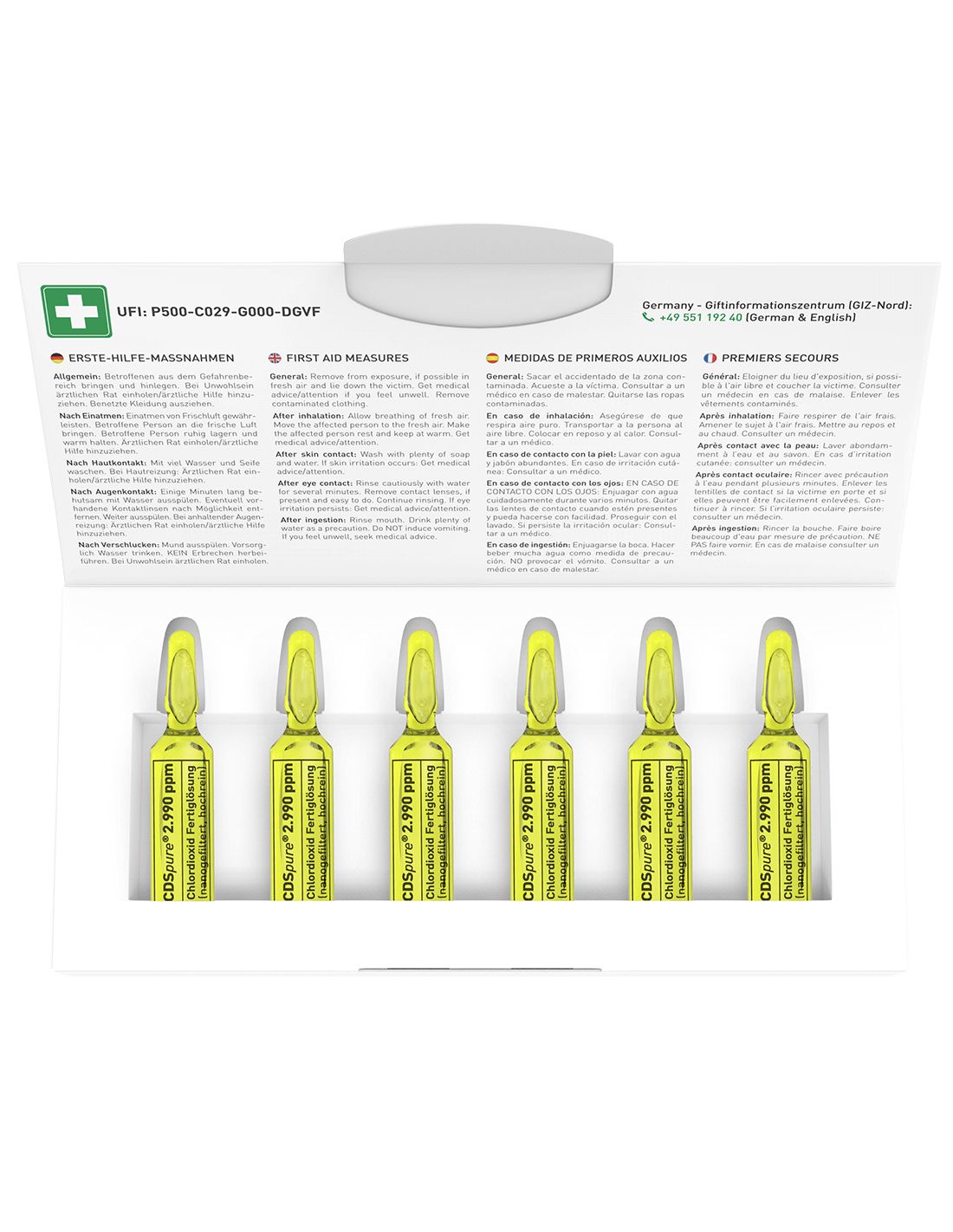 Geöffnete Packung mit 6 Ampullen CDS pure. Aufschrift: CDS pure 2.990 ppm. Beipackzettel mit Text.
