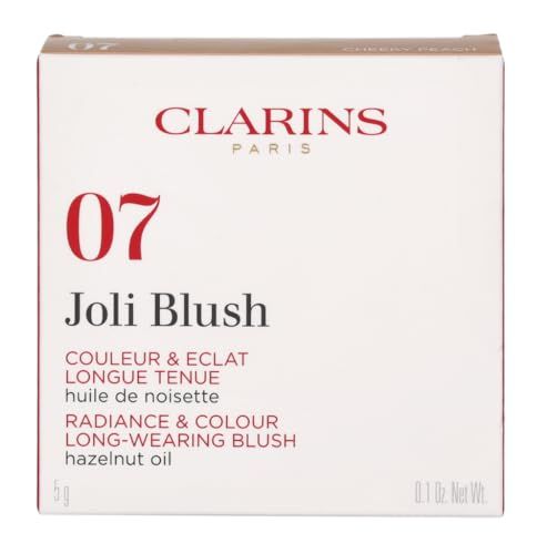 Clarins Joli Blush 07 Cheeky Peach. Weiße Verpackung mit roter Schrift. Produktname, Farbnummer und Inhaltsangaben. 5 g.