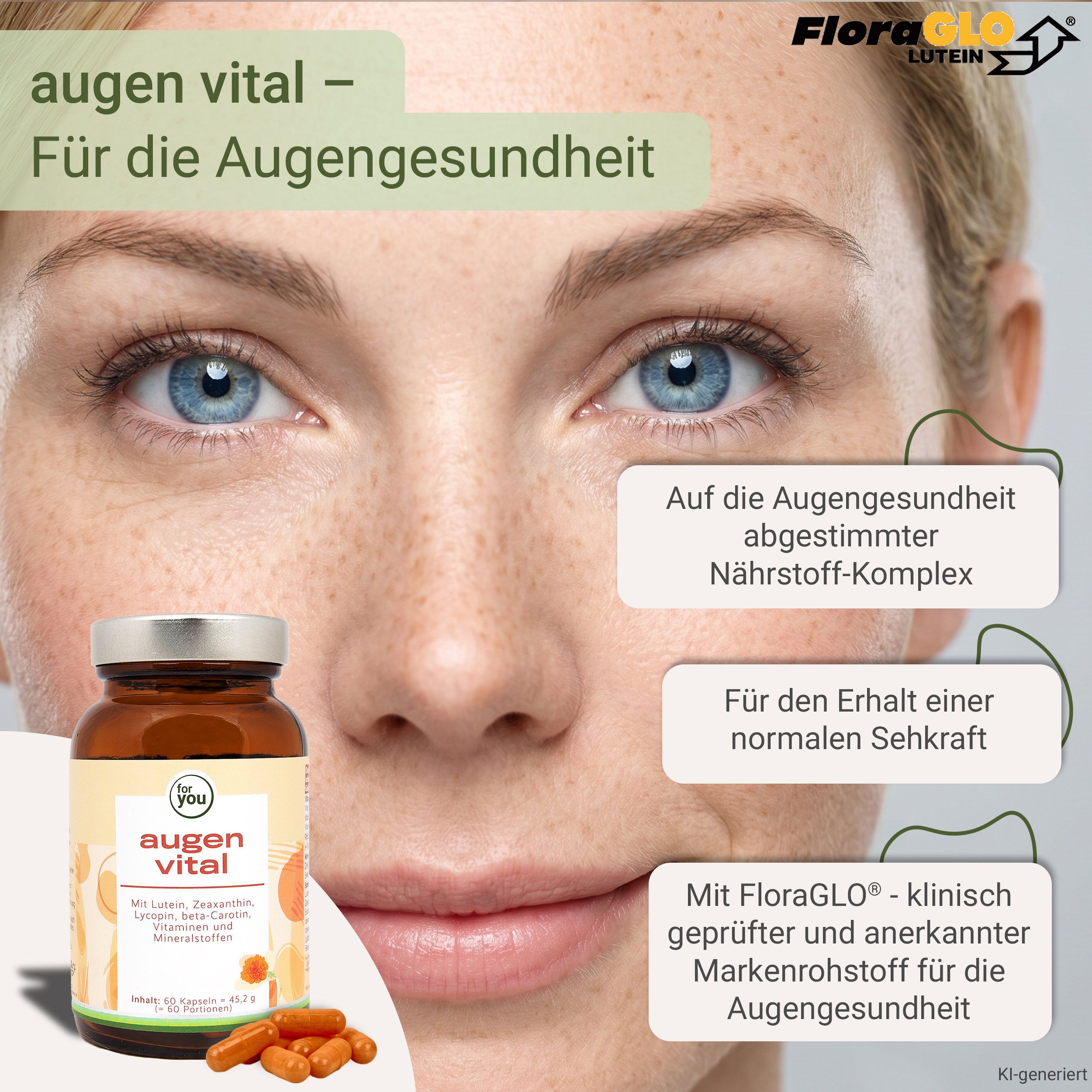 Frau mit blauen Augen und einer Flasche Augen Vital Nahrungsergänzungsmittel.