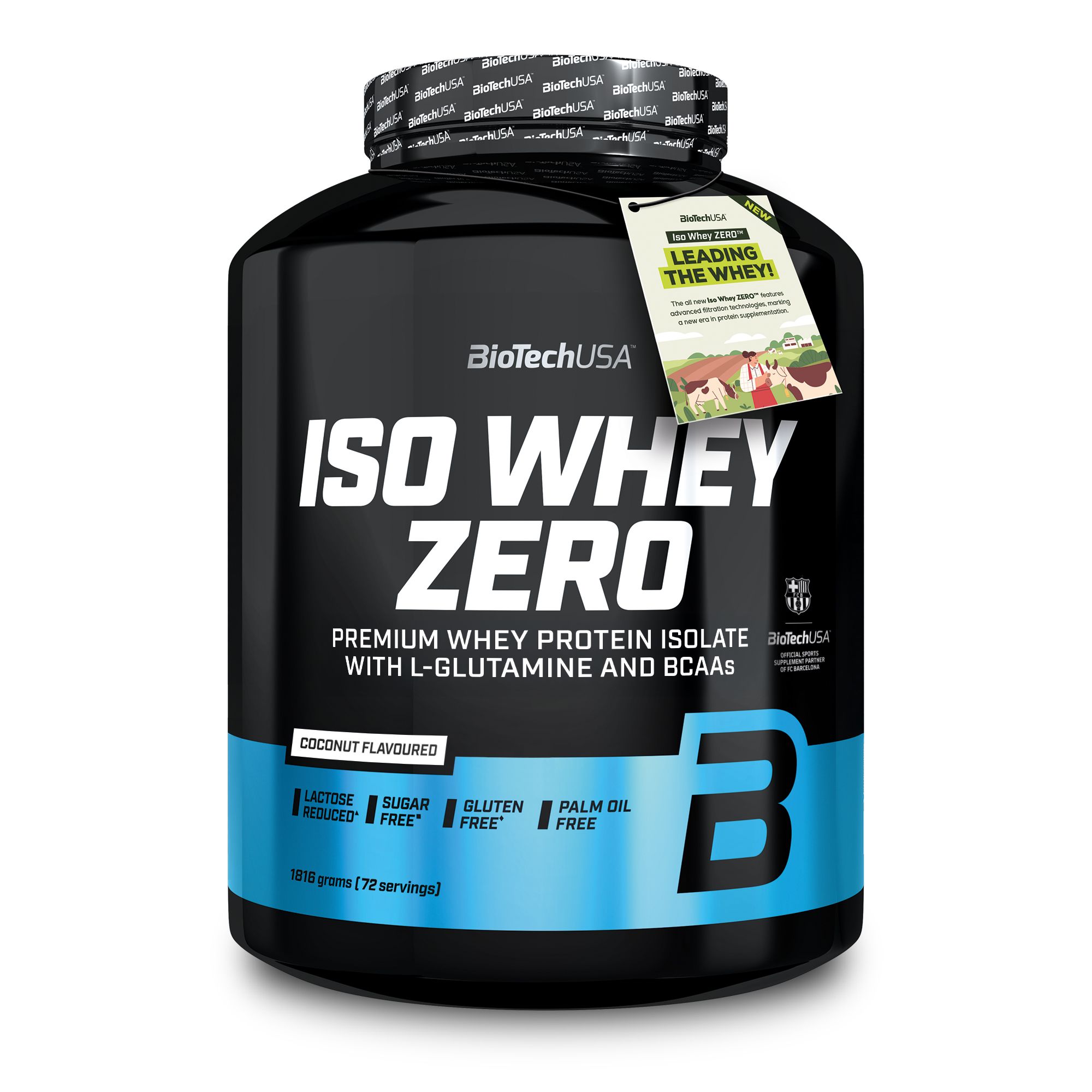 Schwarze Dose mit blauem Etikett. Aufschrift: ISO WHEY ZERO. Enthält das BioTechUSA Logo. Kokosnuss-Geschmack.