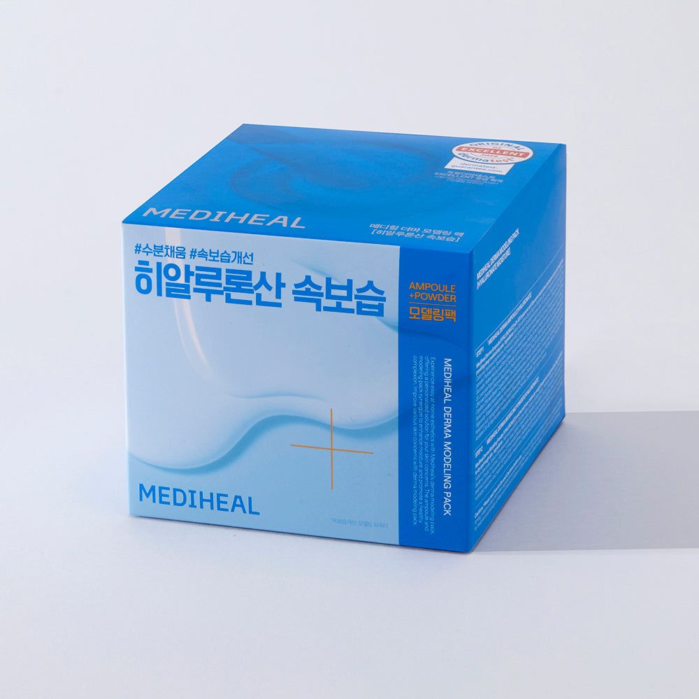 Blau-weiße quadratische Verpackung. MEDIHEAL-Logo und koreanischer Text. Aufkleber mit Text.