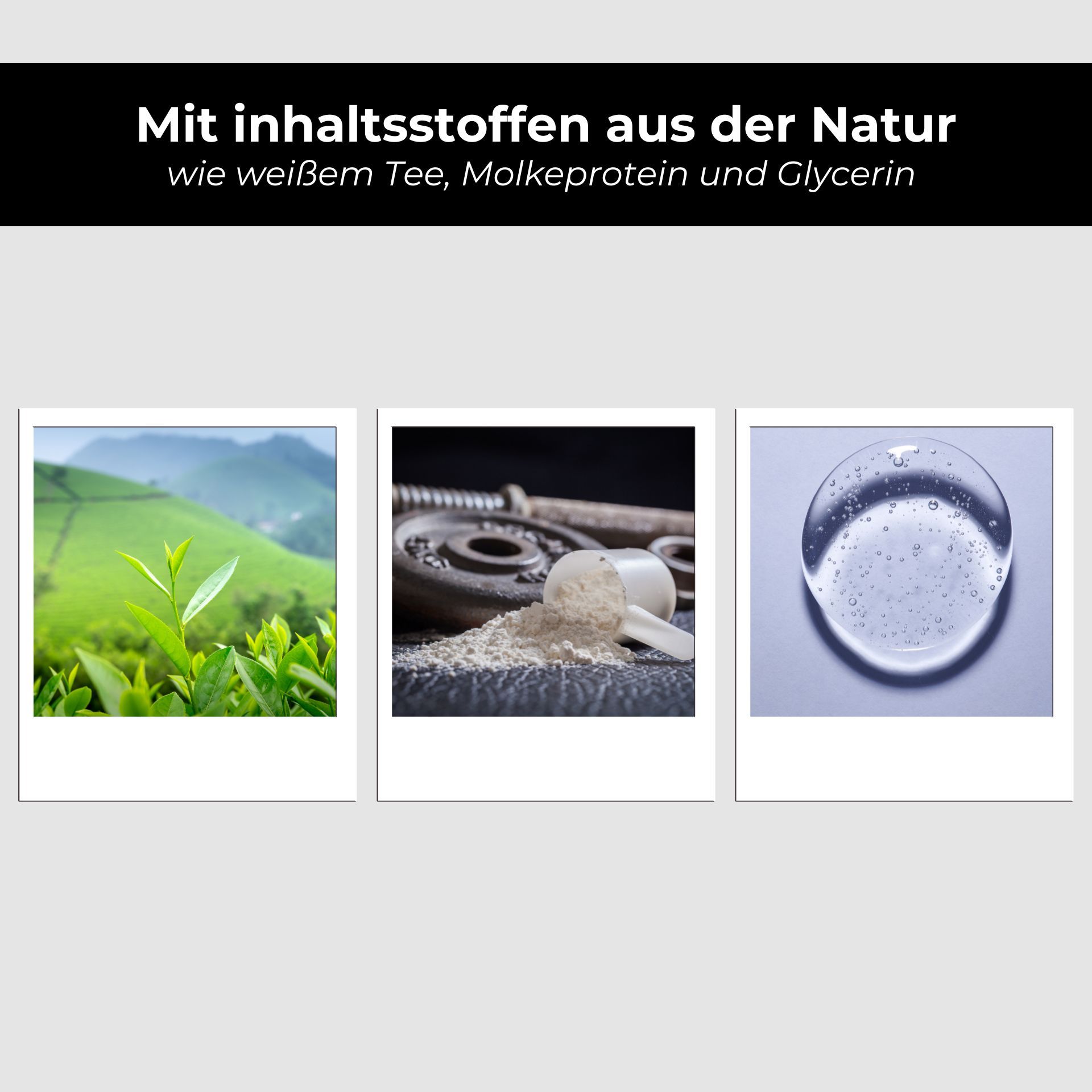 Drei Bilder: Teeblätter, Proteinpulver mit Löffel, Flüssigkeit. Text: Mit Inhaltsstoffen aus der Natur.