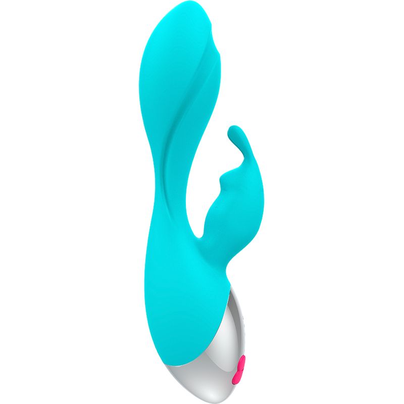 Türkisfarbener Vibrator mit silbernem Kopf und pinkfarbenem Knopf. Hasenohren-Design.