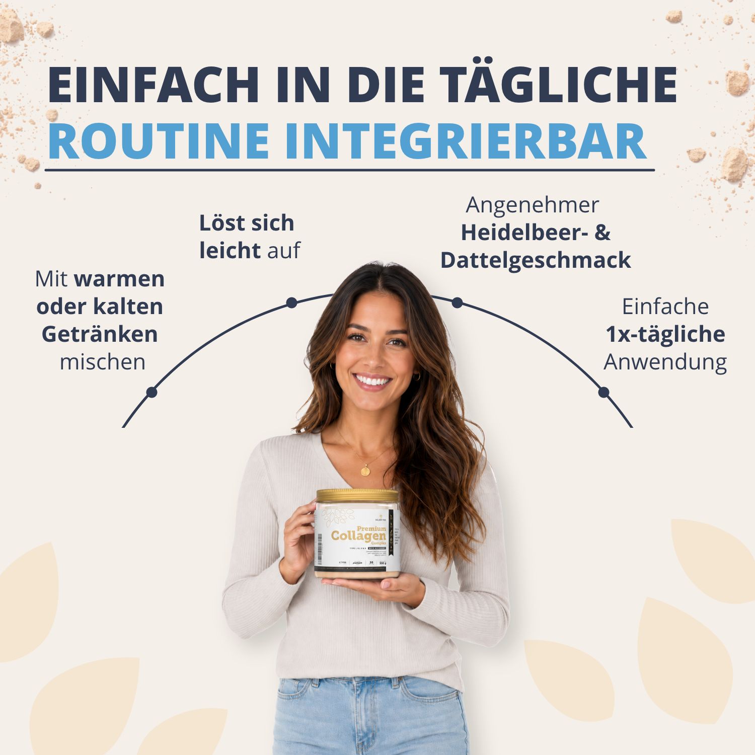 Frau hält Golden Tree Premium Collagen Complex Glasbehälter, integrierbar in die tägliche Routine.