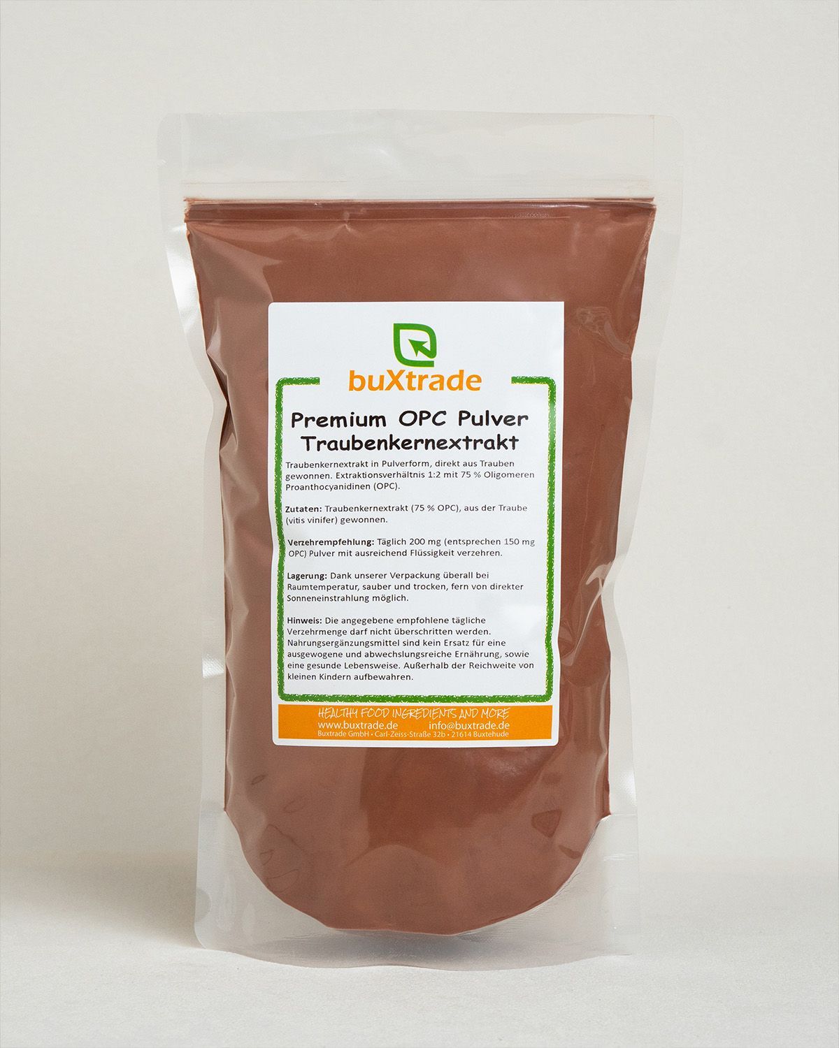 Verpackung mit buXtrade OPC Pulver Traubenkernextrakt Etikett.