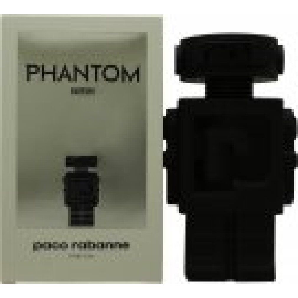 Weiße Verpackung mit "Phantom" und "paco rabanne" Schriftzug. Ein schwarzer Flakon in Roboterform ist abgebildet.