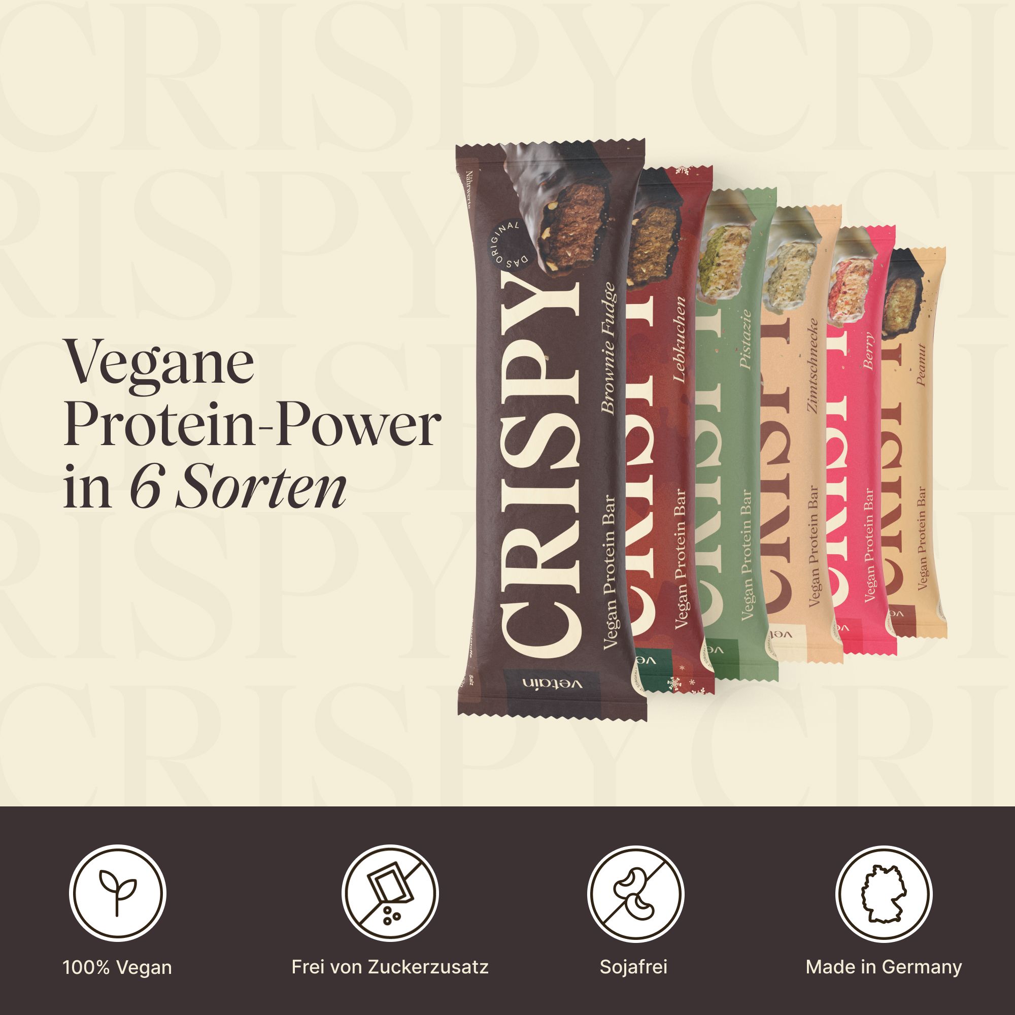 Sechs Proteinriegel in verschiedenen Geschmacksrichtungen. Aufschrift: CRISPY Vegan Protein Bar. Text: Vegane Protein-Power in 6 Sorten.