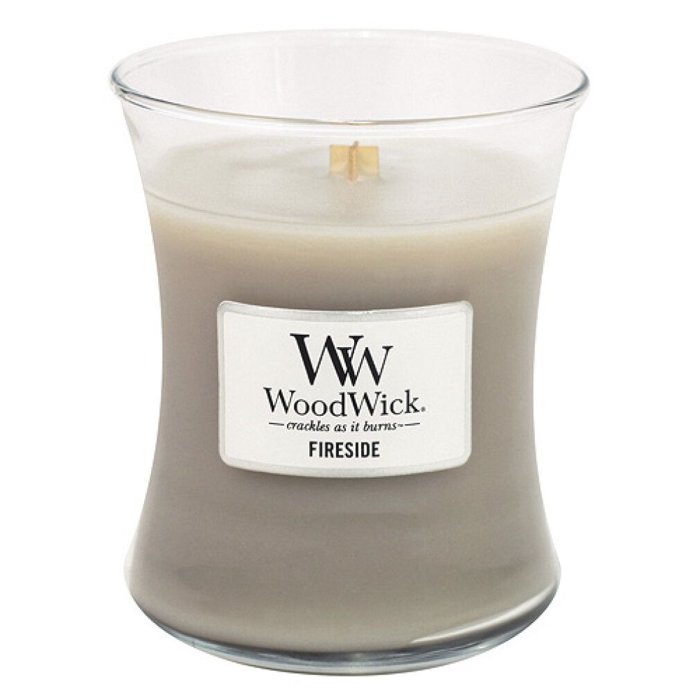 Graue Sanduhr-Kerze ohne Deckel. Aufschrift: WoodWick, Fireside.