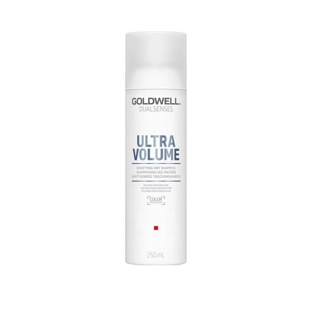 Goldwell Dualsenses Ultra Volume Trockenshampoo. Weiße Flasche mit Sprühkopf. Schriftzug: Ultra Volume. 250ml.