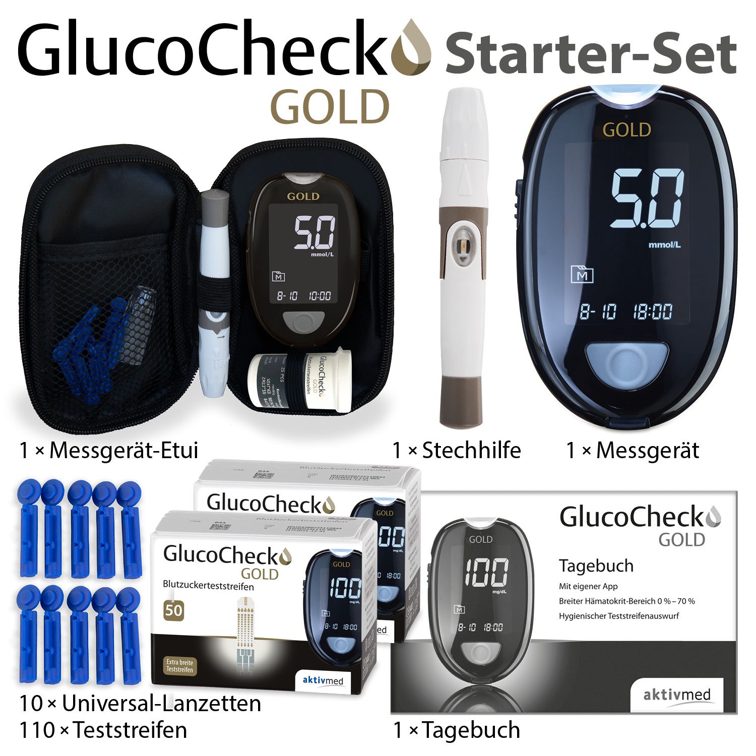 GlucoCheck GOLD Set (mg/dl) zur Kontrolle des Blutzuckers mit 110 Teststreifen