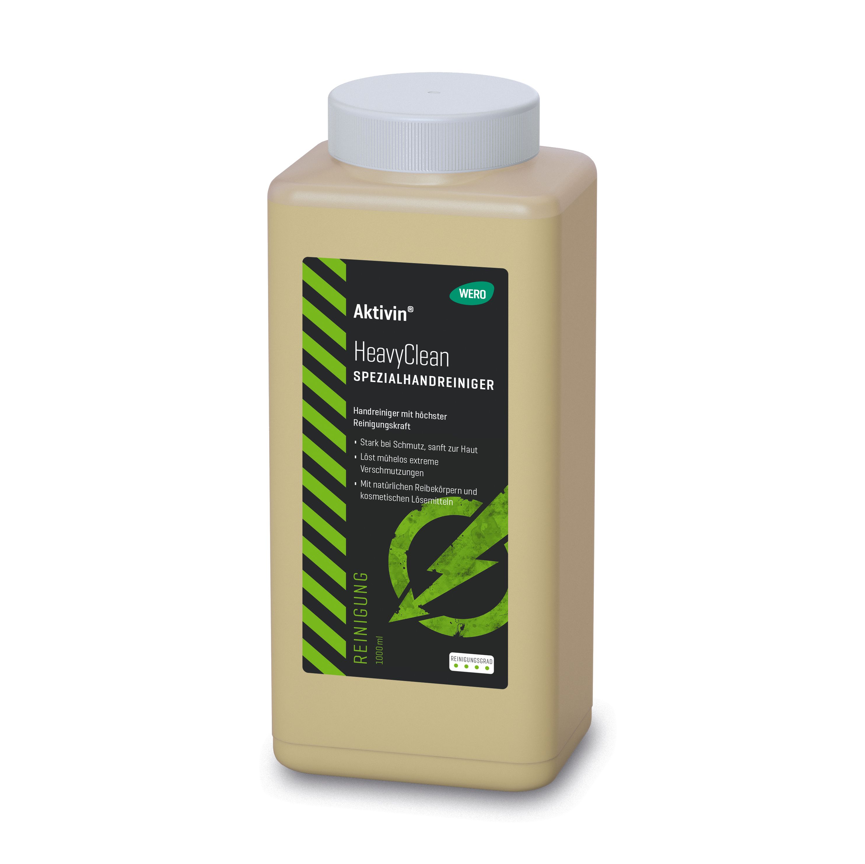 Beige rechteckige Flasche mit weißem Deckel. Aufkleber mit "Aktivin HeavyClean Spezialhandreiniger". Grün-schwarzes Design.