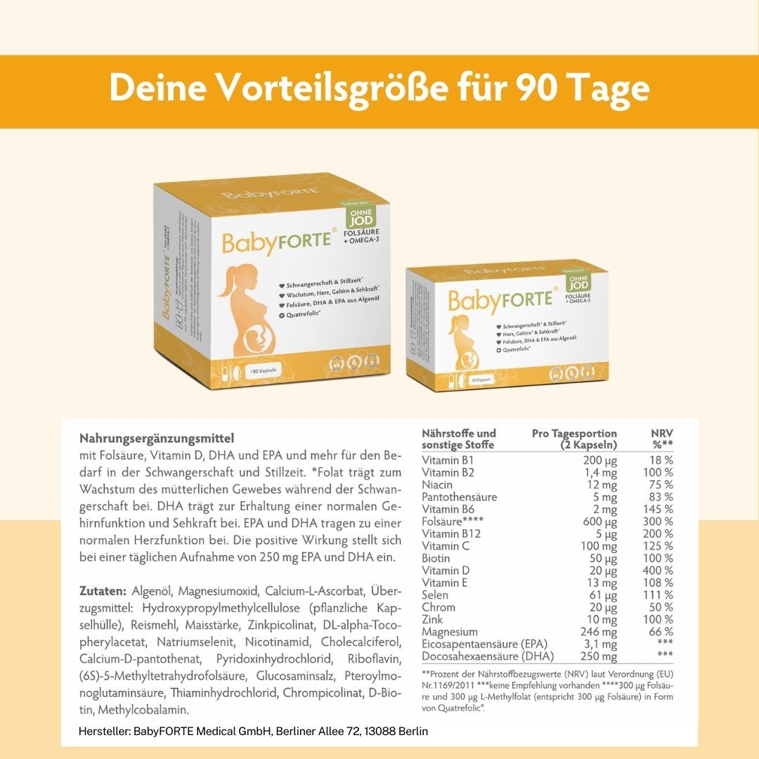 Zwei BabyFORTE®-Packungen. Text: Deine Vorteilgröße für 90 Tage. Nährwerttabelle. Inhaltsstoffe.