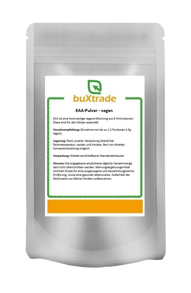 Beutel mit buXtrade EAA-Pulver. Aufdruck mit Produktname, veganem Hinweis und Verzehrempfehlung. Wiederverschließbar.