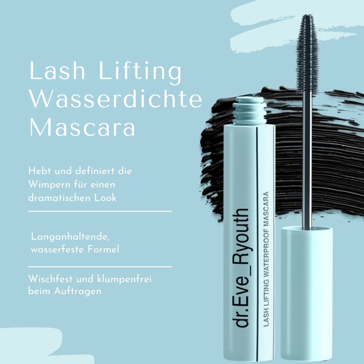 Mascara-Flakon und Bürste mit schwarzer Textur. Text: 'Lash Lifting Wasserdichte Mascara'.