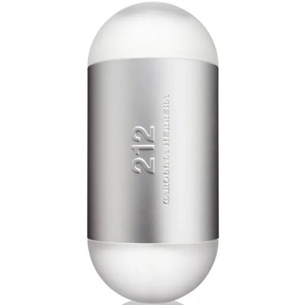 Silberfarbener, zylindrischer Flakon mit abgerundeten Enden. Geprägter Schriftzug '212' und 'Carolina Herrera'.
