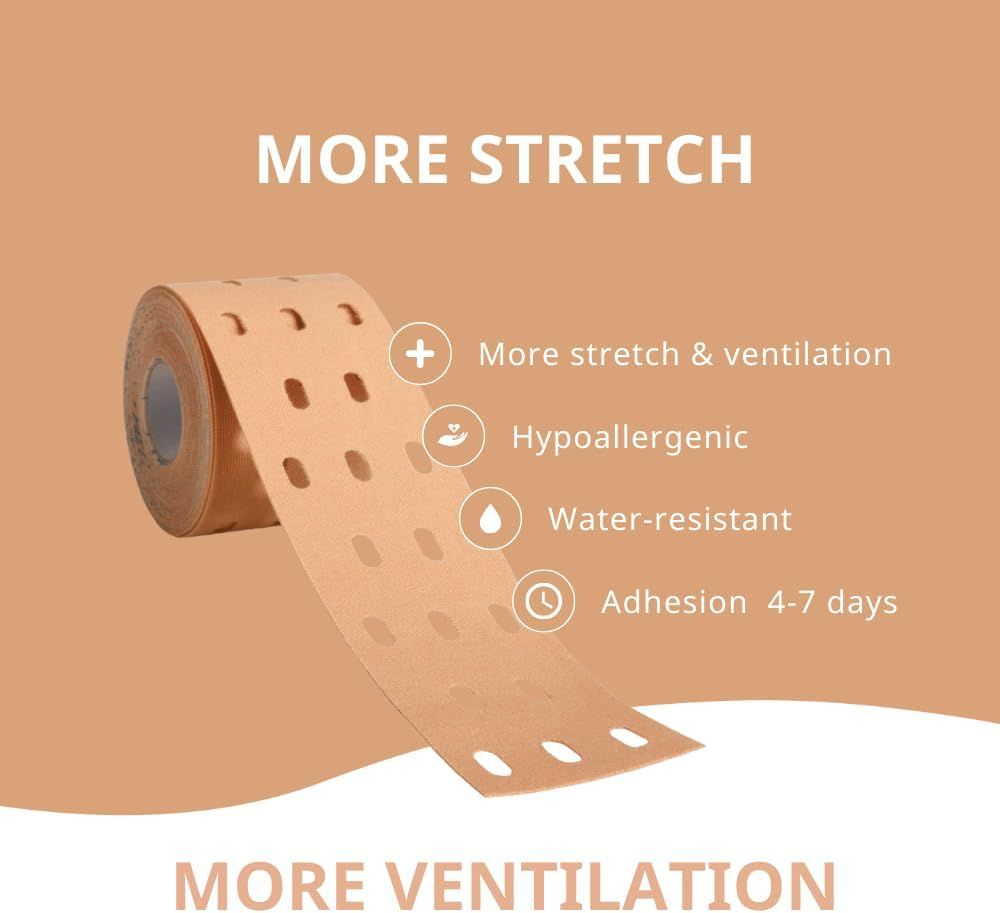 Beige Kinesiologie-Tape-Rolle mit Löchern. Text: Mehr Dehnung, mehr Belüftung, hypoallergen, wasserfest, Haftung 4-7 Tage.