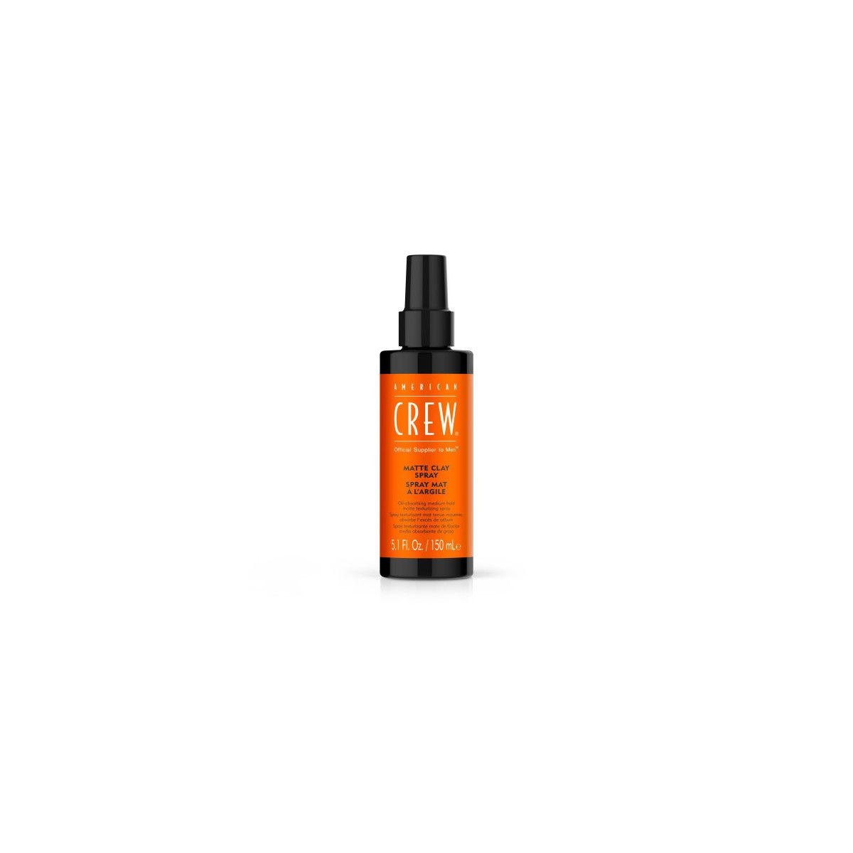 Eine Flasche AMERICAN CREW MATTE CLAY SPRAY. Schwarze Flasche mit orangefarbenem Etikett. Sprühkopf.