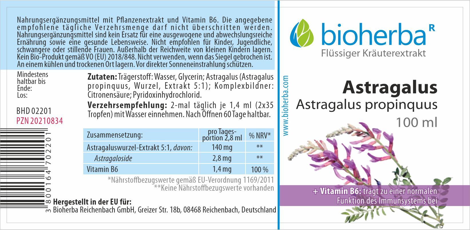Etikett mit Produktinformationen. Bioherba Astragalus Tinktur, 100 ml. Zutaten, Verzehrempfehlung, Nährwertangaben. Text in deutscher Sprache.