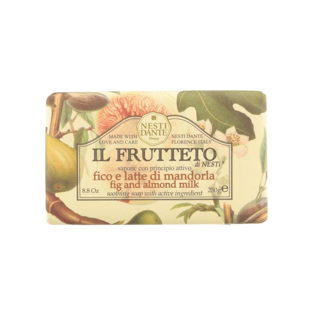 Seife mit floralem Design. Aufschrift: Il Frutteto, Feige und Mandelmilch. 250g. Marke: Nesti Dante.