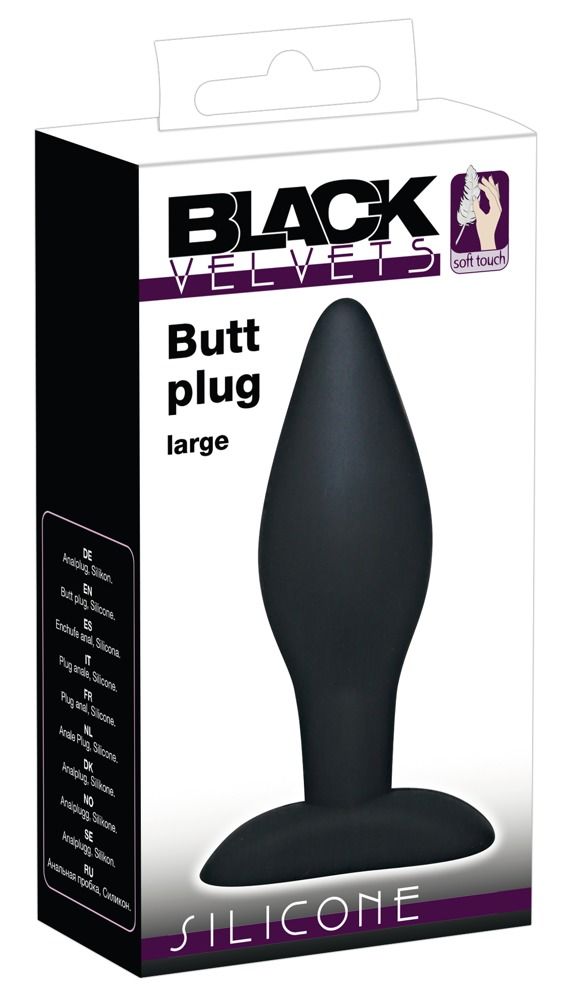 Schwarzer Analplug in Verpackung. Marke: BLACK VELVETS. Produktbezeichnung: Butt plug large. Material: Silikon.