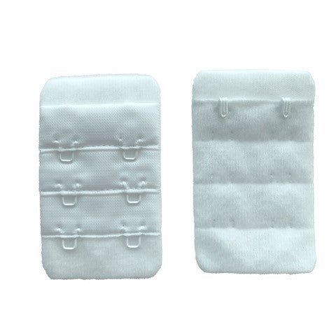 Zwei BH-Verlängerungen, weiß. 3 Reihen mit je 2 Haken. Stoffstruktur sichtbar.