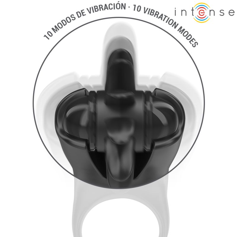 Schwarzer Vibrationsring mit Blütenblatt-Design. Inset: 10 Vibrationsmodi. Marke: Intense.