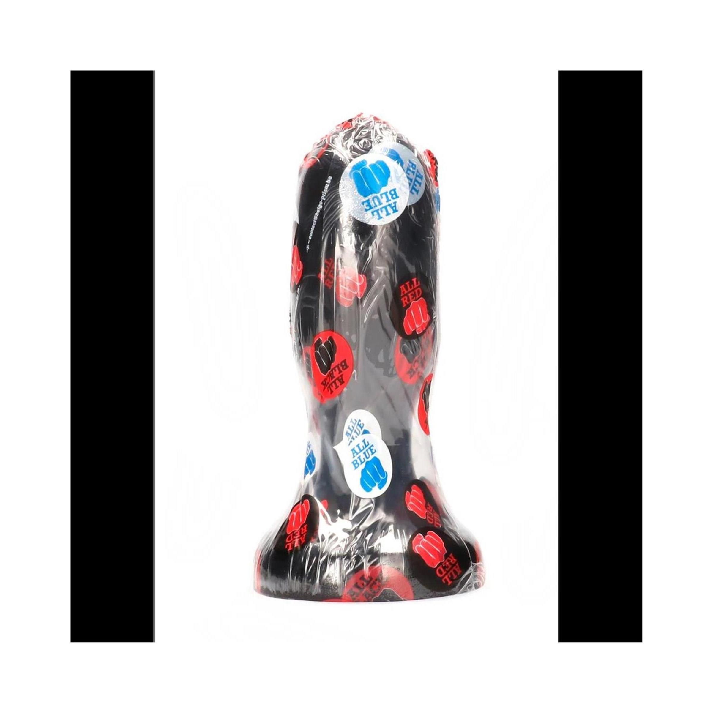 Schwarzer Buttplug in Folie verpackt, mit roten und blauen Aufklebern.