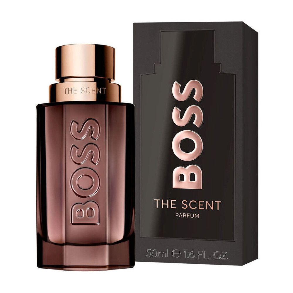 Parfümflakon und Verpackung. Flakon mit BOSS-Logo und "THE SCENT". Schwarze Verpackung mit Logo und Schriftzug.