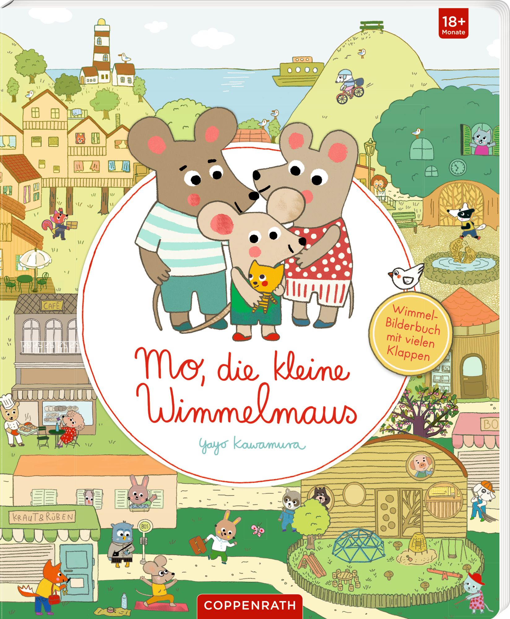 Buchcover mit Illustrationen. Titel: Mo, die kleine Wimmelmaus. Autorenname: Yayo Kawamura. Altersempfehlung: 18+ Monate. Verlag: Coppenrath.