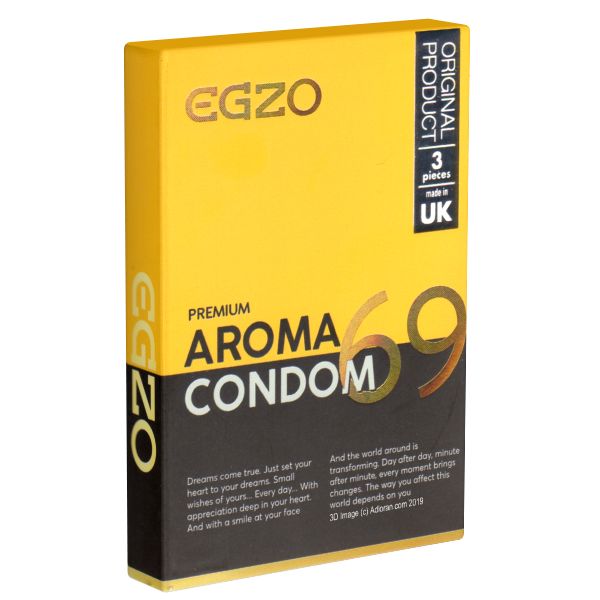 Gelbe Schachtel mit "EGZO Premium Aroma Condom". Enthält 3 Kondome, hergestellt in UK. Text: "Original Product".