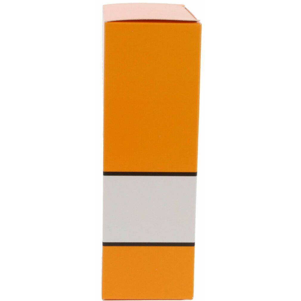 Orangefarbene Verpackung. Weißer Streifen mit schwarzem Rahmen. Keine weiteren Details sichtbar.
