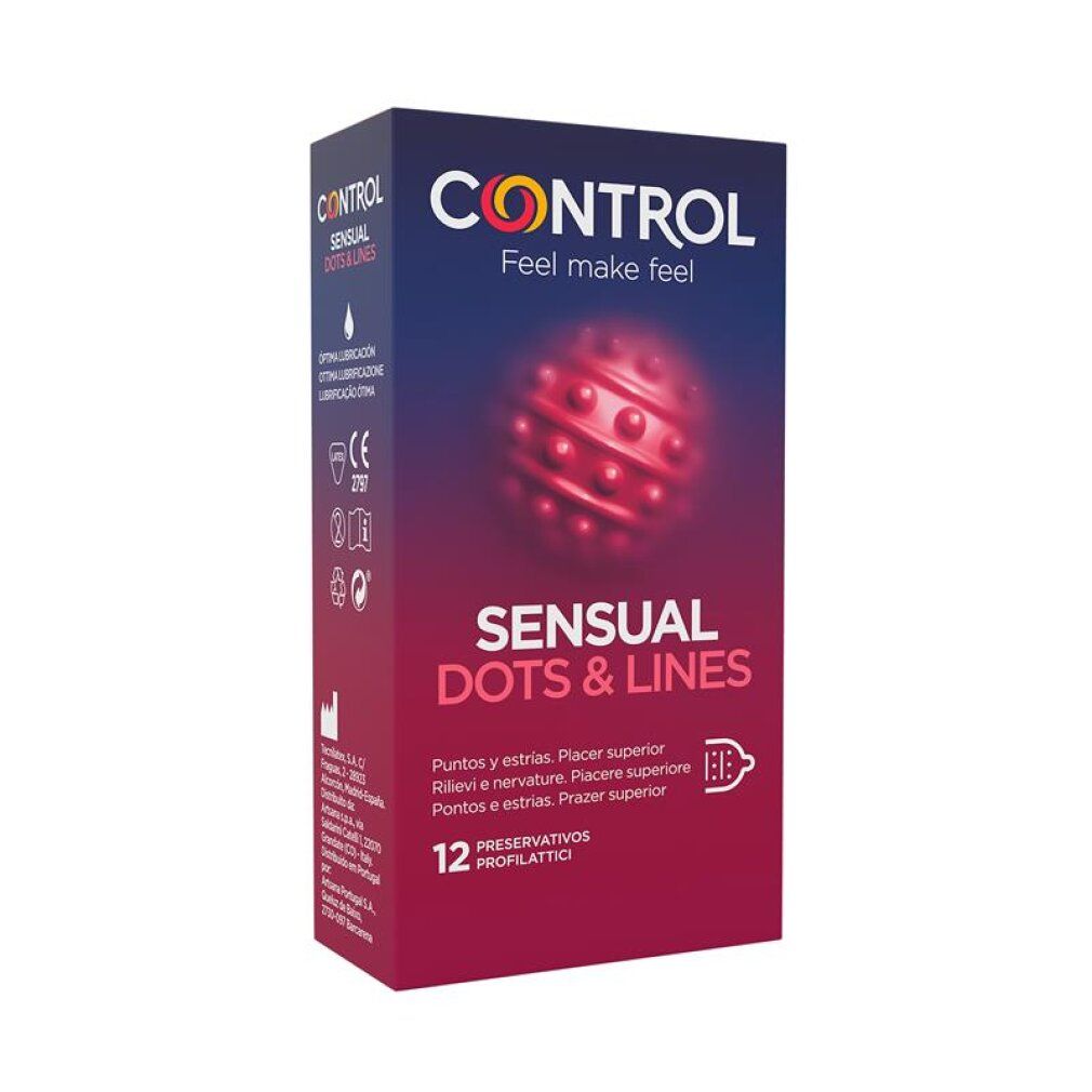 Control Sensual Dots & Lines Kondompackung mit 12 Stück. Zeigt eine stilisierte rote Kugel mit Noppen.