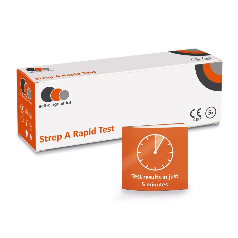 Verpackung mit Testkit und separater Karte. Text: Testresultate in 5 Minuten. Logo.