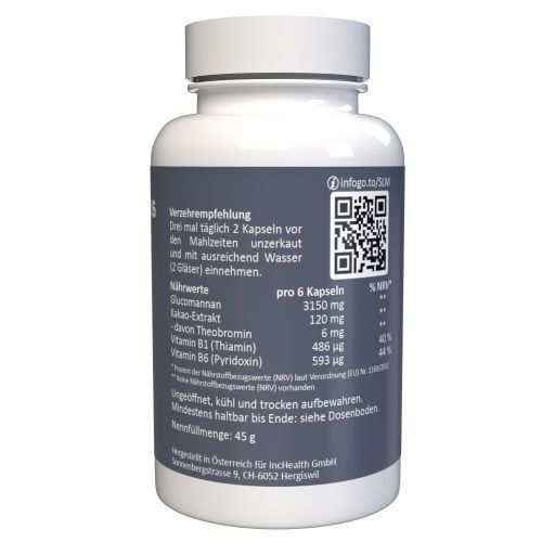 Weiße Flasche mit Nährwertangaben und QR-Code. Enthält Glucomannan, Kaka-Extrakt, Vitamin B1 und B6. Füllmenge: 45 g.