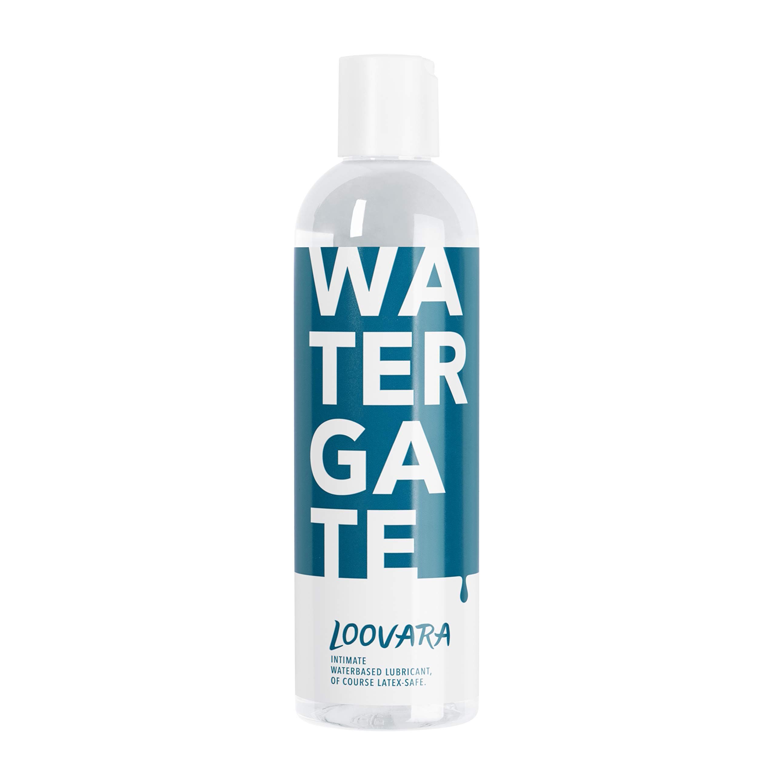 Klare Flasche mit weißem Deckel, gefüllt mit transparentem Gleitmittel. Blaue und weiße Beschriftung mit "WATERGATE".
