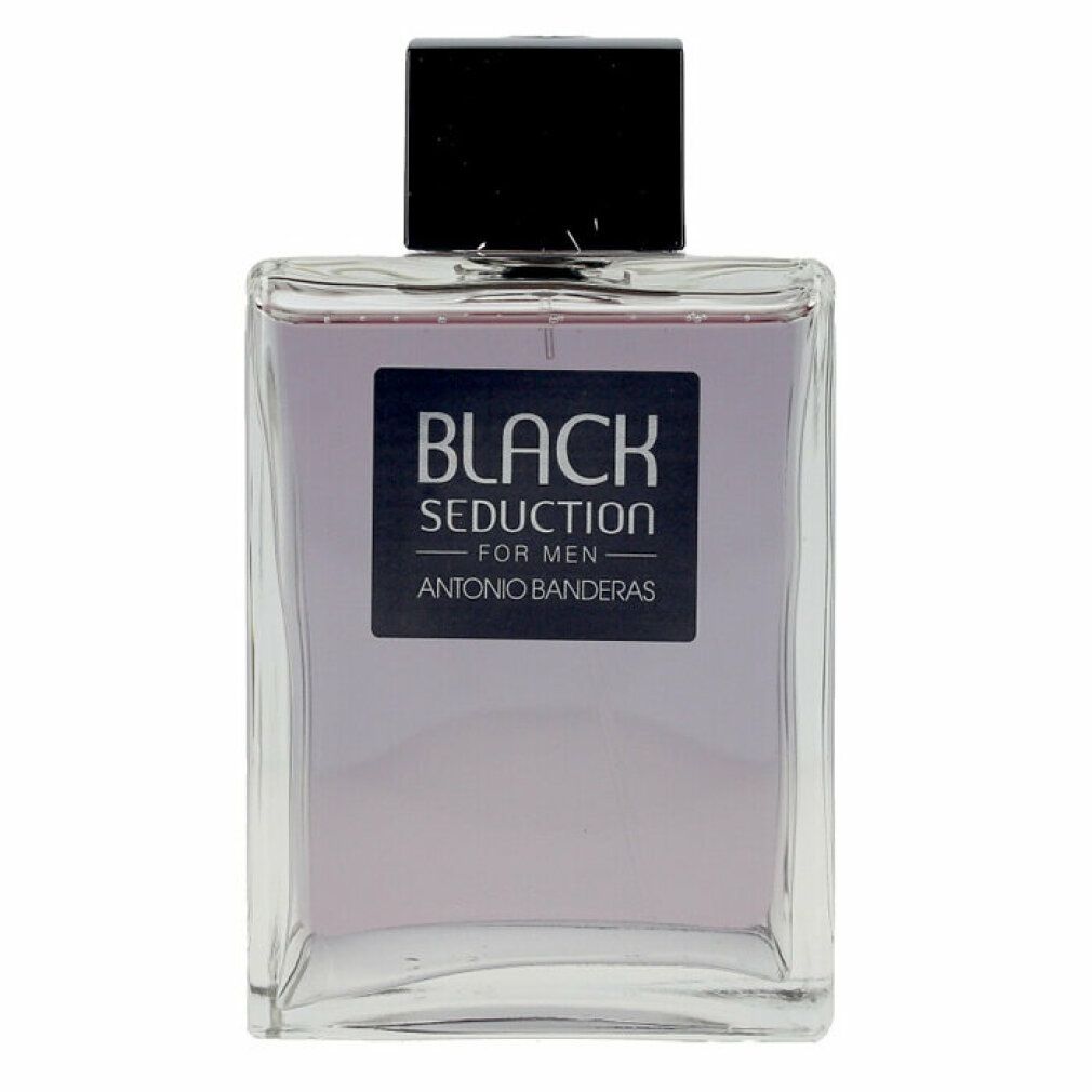 Flakon mit schwarzem Verschluss. Aufkleber mit "BLACK SEDUCTION FOR MEN" und "ANTONIO BANDERAS".