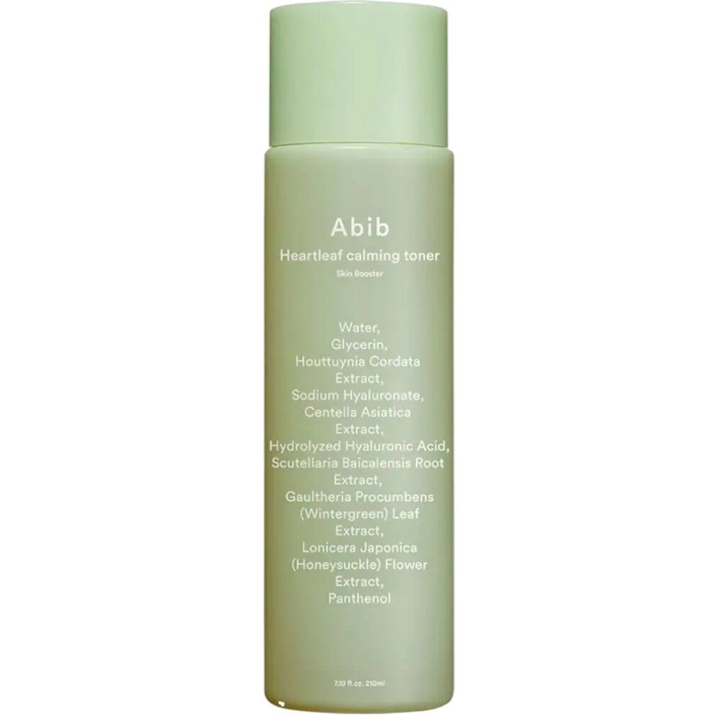 Abib Heartleaf beruhigender Toner, 200ml. Grüne Flasche mit weißem Etikett, das Inhaltsstoffe auflistet.
