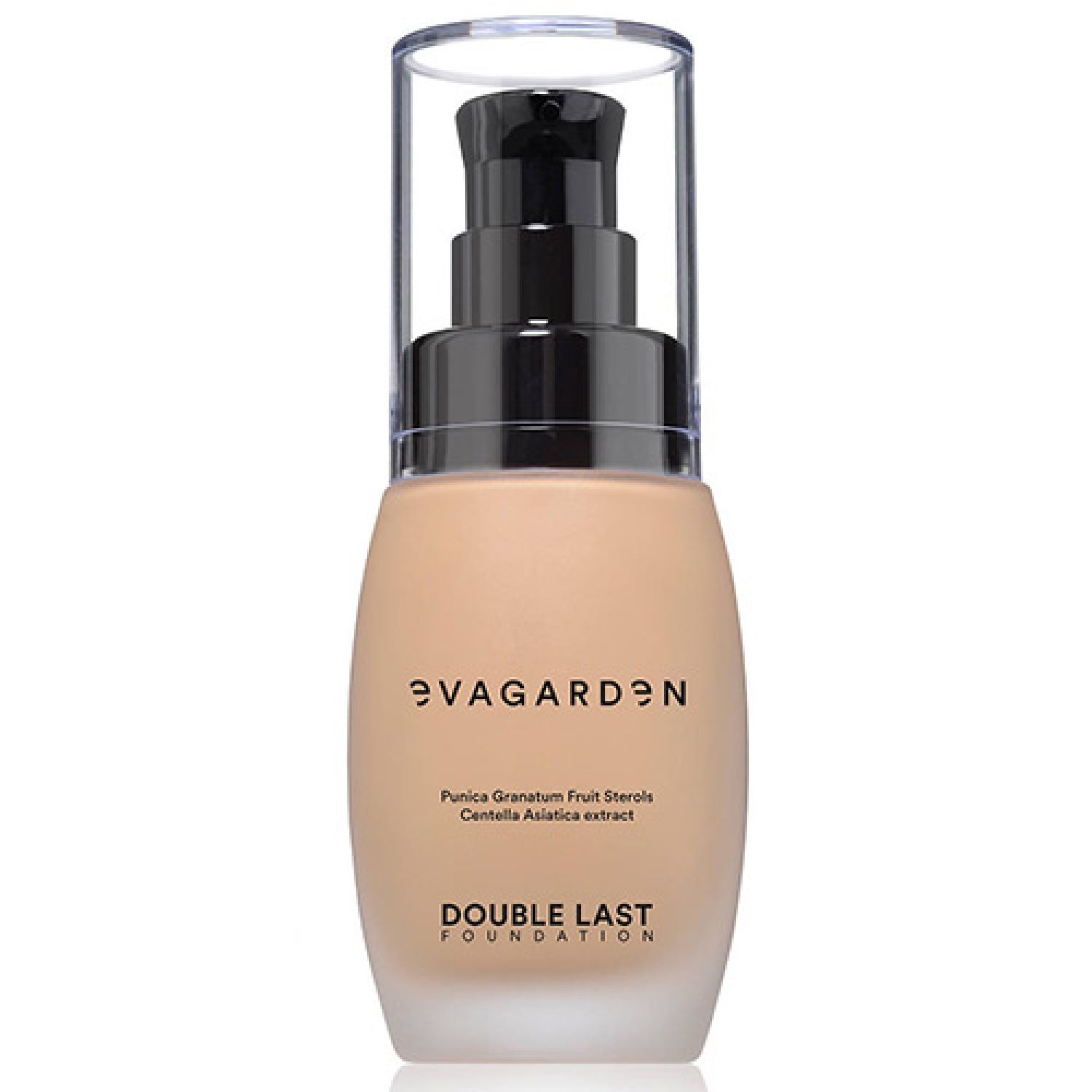Flakon Foundation mit Pumpverschluss. Text: Evagarden, Double Last Foundation. Inhaltsstoffe.