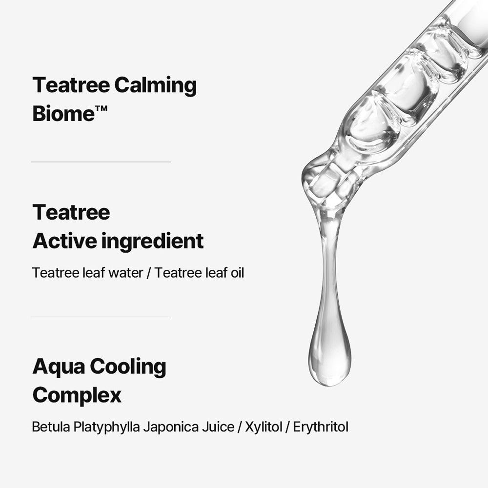 Tropfen einer Flüssigkeit, daneben Text mit "Teatree Calming Biome" und "Teatree Active ingredient".
