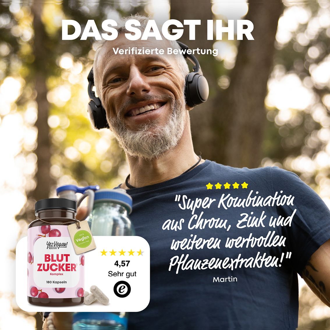 Mann mit Kopfhörern lächelt, Flasche Blut Zucker Komplex, Kundenbewertung "Sehr gut".