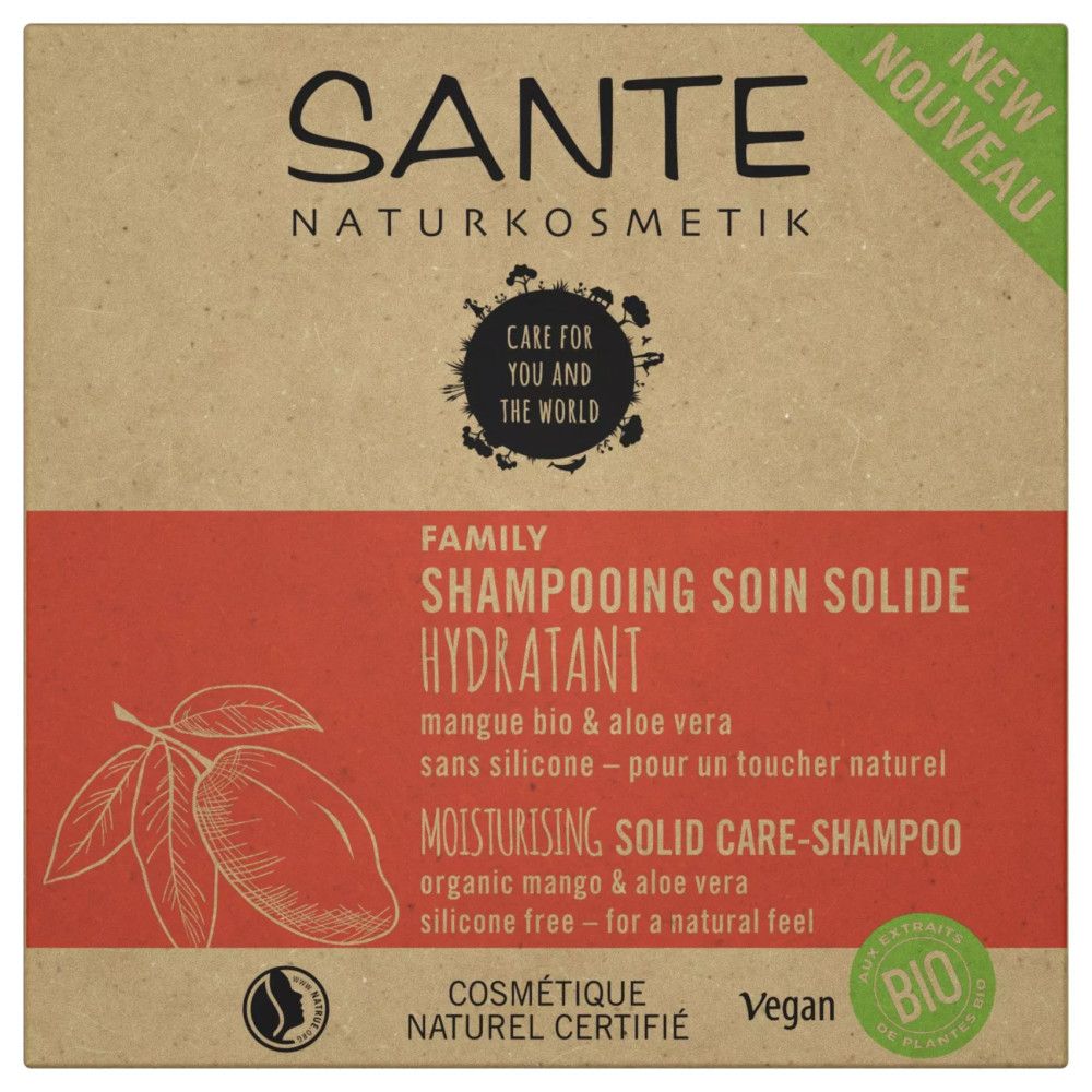 Verpackung des festen Pflegeshampoos. Produktname, Logo, Inhaltsstoffe und Zertifizierungen.