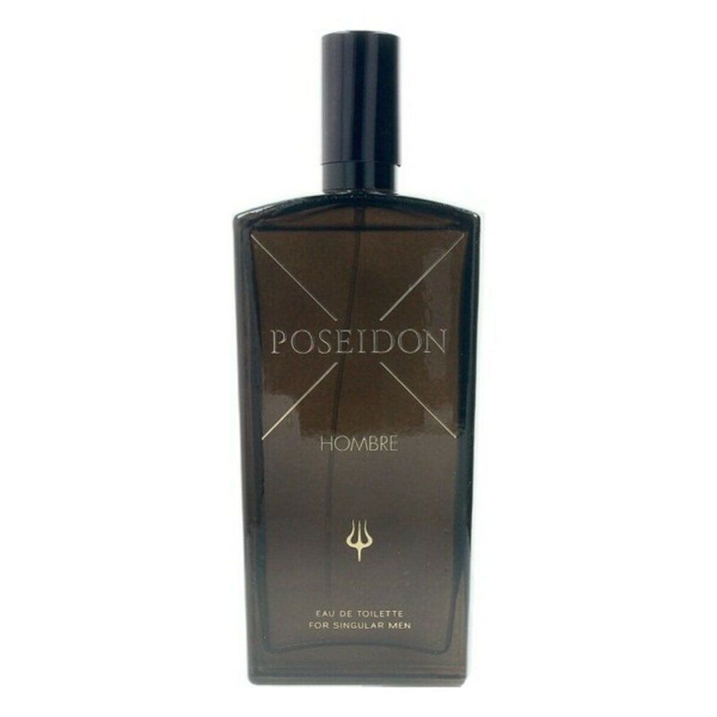 Dunkle Flasche mit Aufschrift POSEIDON, HOMBRE und Dreizack. Schwarzer Verschluss. Rechteckige Form.