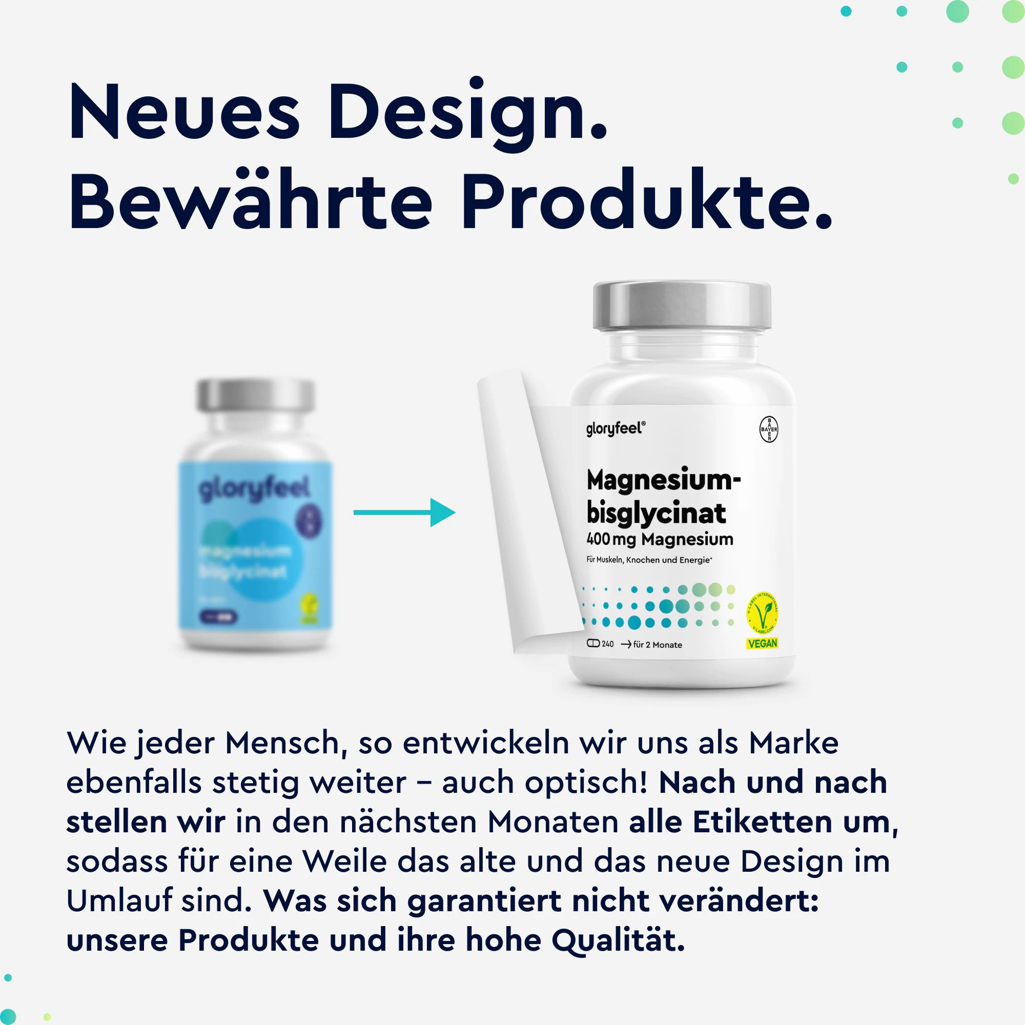 Vergleich von zwei Flaschen Magnesiumbisglycinat. Neues Design. Bewährte Produkte. Text über Produktentwicklung.