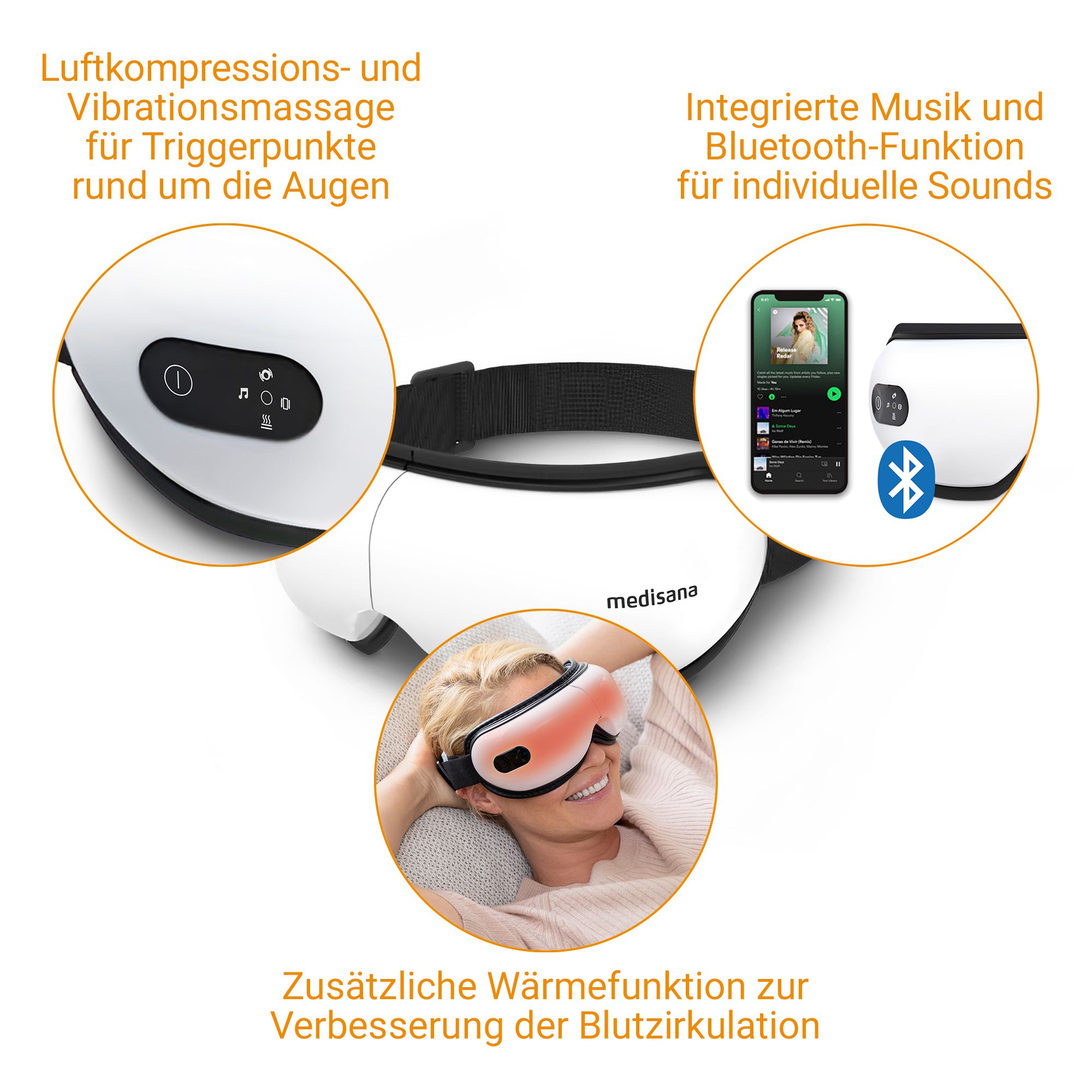 Medisana Augen-Massagegerät mit Details: Luftkompression, Vibration, Musikfunktion, Wärme.
