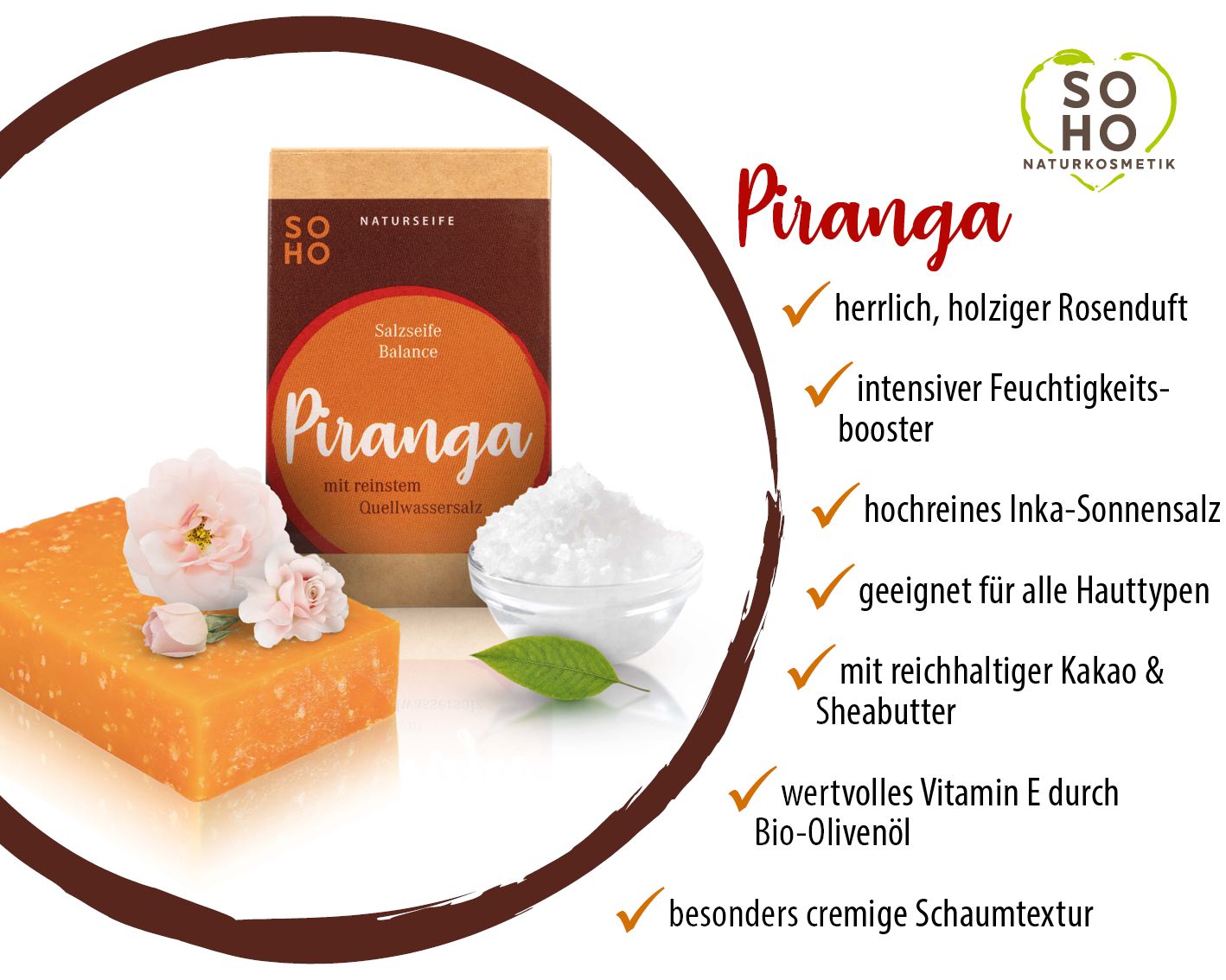 Seife, Verpackung, Blüten und Salz. Verpackung mit Logo und Produktnamen 'PIRANGA'. Salz in Schale. Blüten.